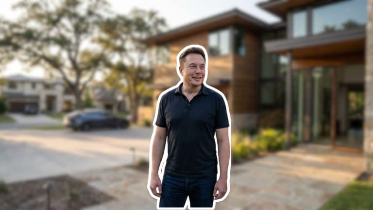 Elon Musk standing casually outside a modern luxury house in a natural upscale neighborhood during golden hour.