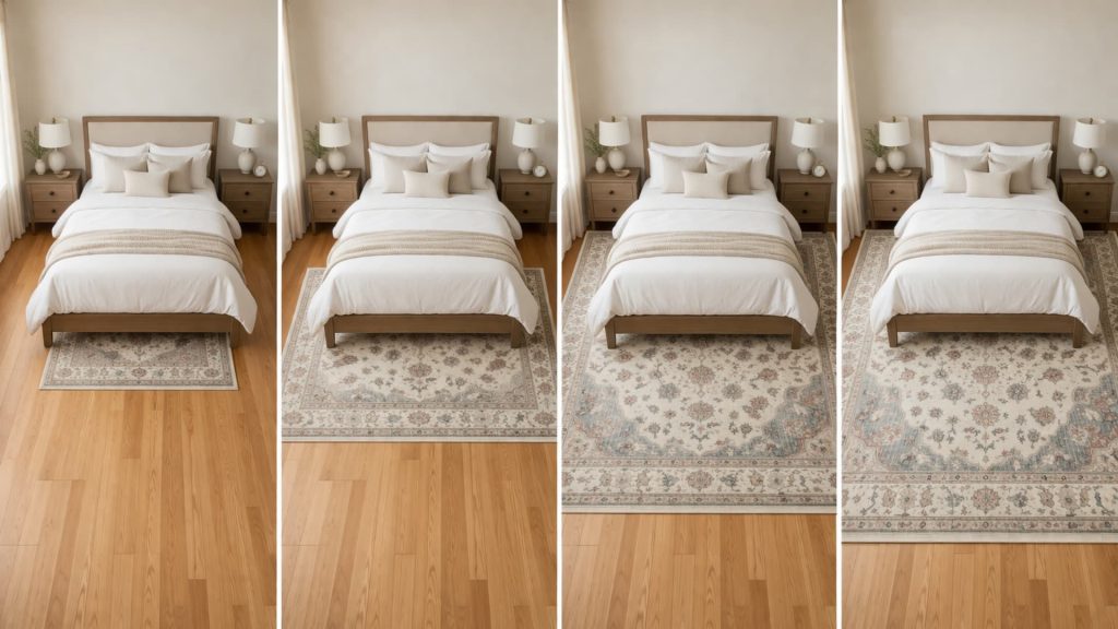 Four side-by-side panels showing a queen bed with different rug sizes, from a small rug 5x8 to a 9x12 rug extending under the nightstands in a neutral bedroom.