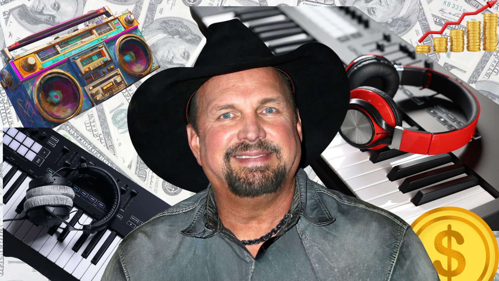Garth Brooks in front of a music-themed and money-themed background with instruments, headphones, and a rising graph, representing his successful music career and net worth.