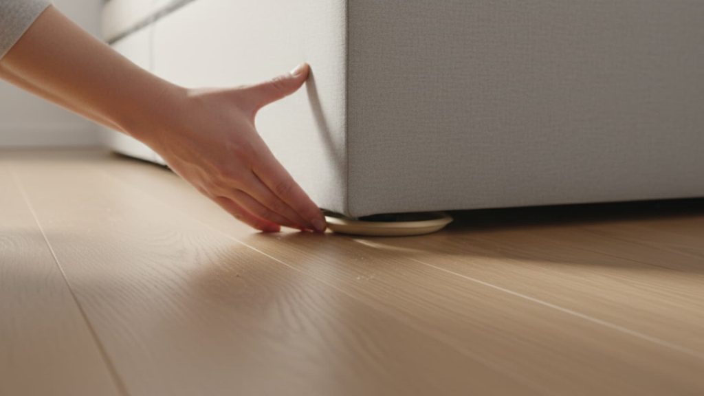 Hand sliding a furniture pad under a heavy bed leg on a wooden floor to lift and reposition the bed easily.