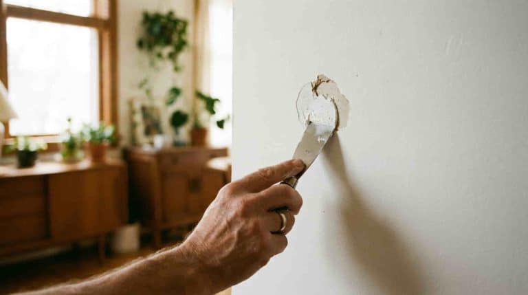 Hand using a putty knife to repair chipped paint on an interior wall.