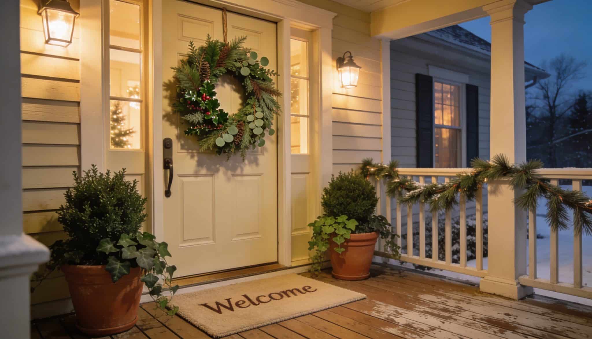 Handmade evergreen Christmas wreath hanging on a modern black front door, decorated with pinecones, holly berries, cedar, fir, and ribbon