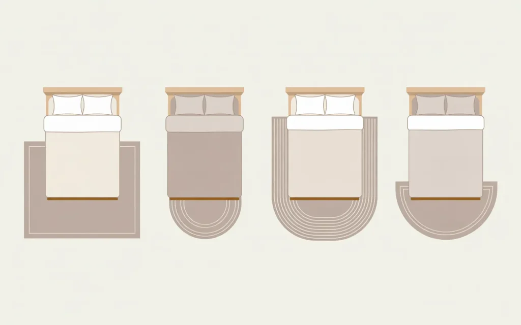 Illustration showing different rug shapes for a bed, including rectangular and curved rugs placed under or partially beneath the bed.