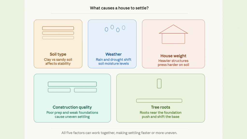 Infographic explaining common causes of house settling, including soil type, weather changes, house weight, construction quality, and nearby tree roots affecting the foundation.