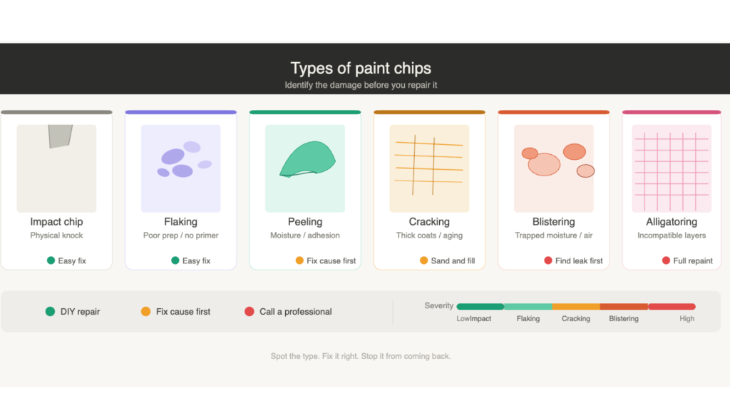Infographic showing types of paint damage, including impact chips, flaking, peeling, cracking, blistering, and alligatoring with repair guidance.