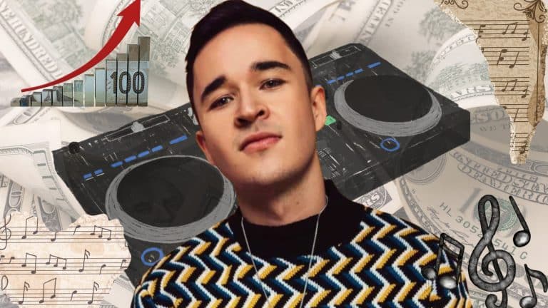 John Summit in front of DJ equipment and a money-themed background with growth chart and music notes, representing his success in the music industry and rising net worth.