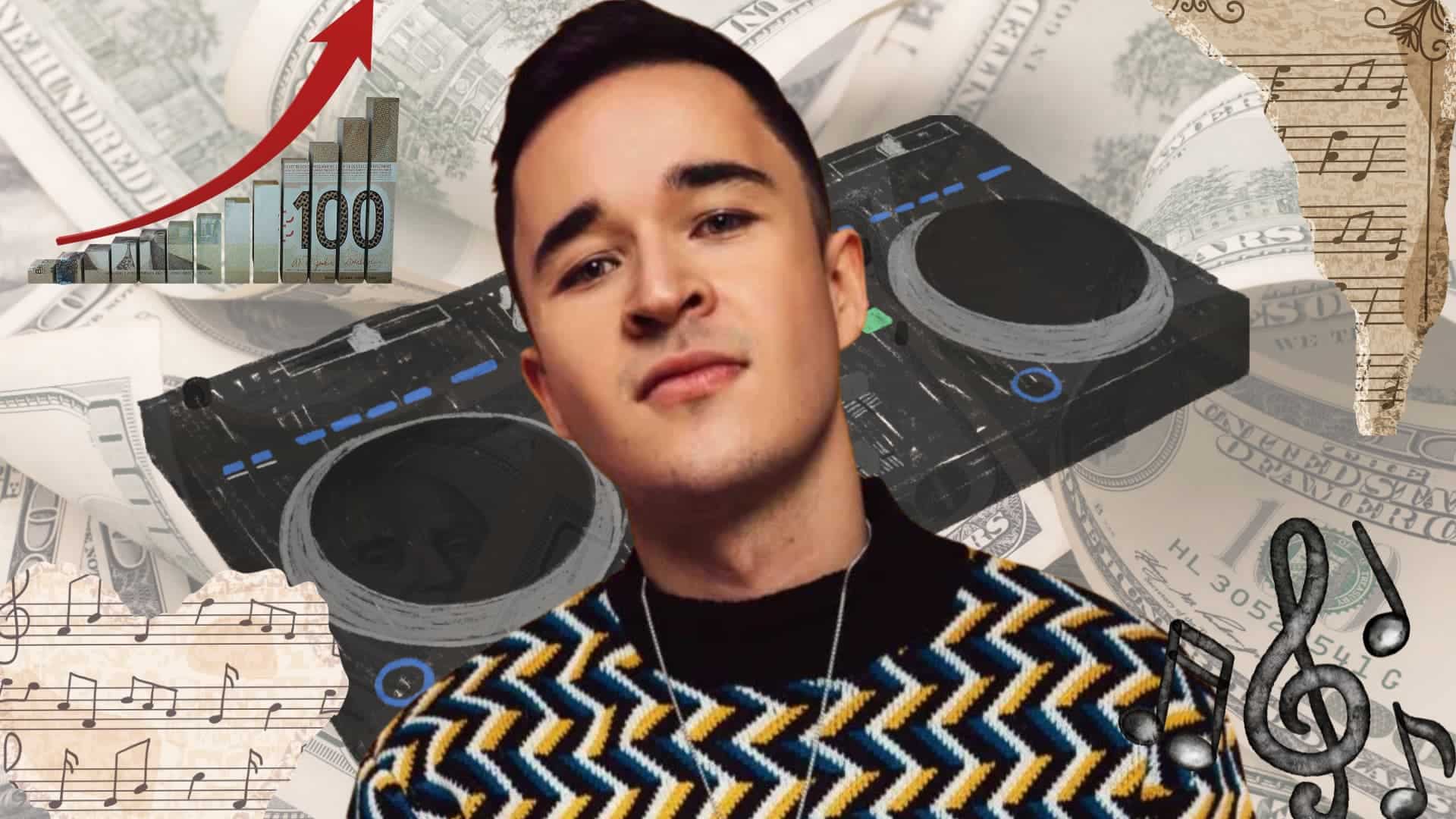 John Summit in front of DJ equipment and a money-themed background with growth chart and music notes, representing his success in the music industry and rising net worth.