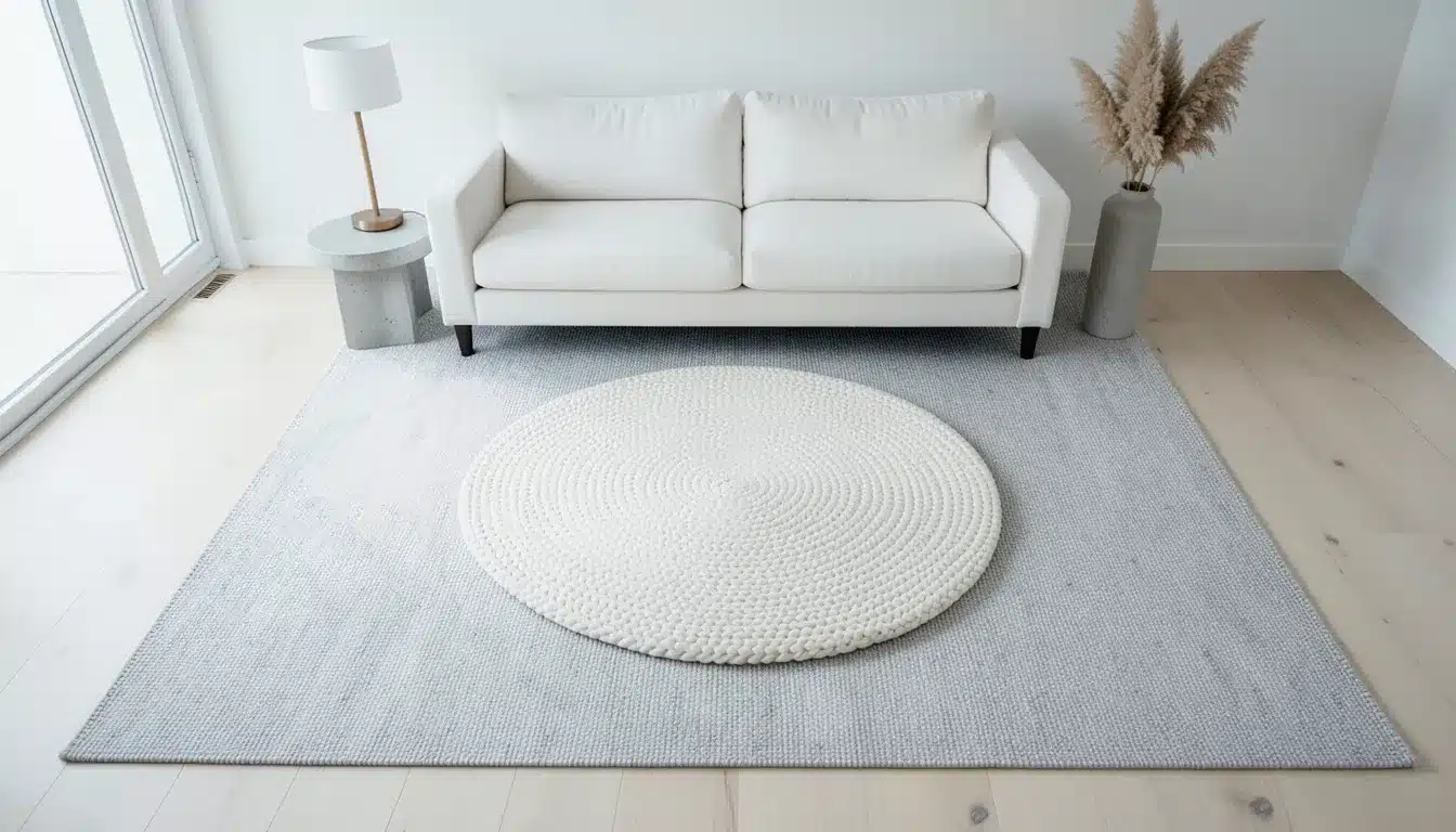 Living room with layered rugs, featuring a large rectangular rug topped with a smaller round textured rug centered in front of a white sofa.