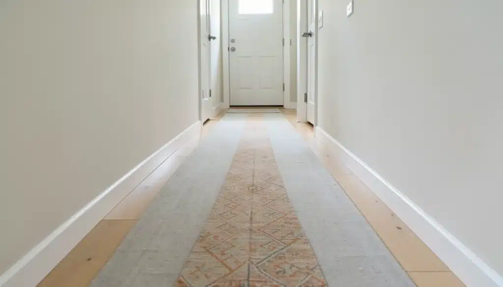 Narrow hallway with layered runner rugs, featuring a patterned runner centered over a wider neutral base runner along the floor.
