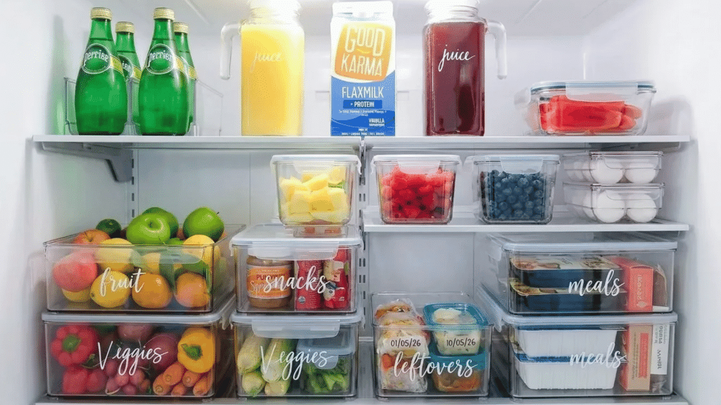 Neatly organized refrigerator with labeled clear bins for fruit, veggies, snacks, leftovers, and meals, plus fresh drinks, berries, eggs, and meal-prep containers arranged on clean shelves.