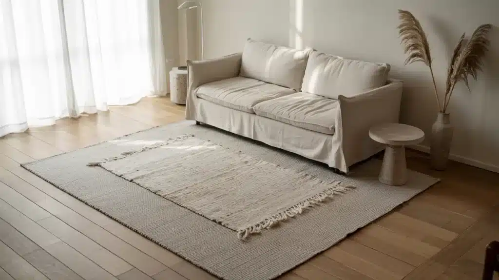 Neutral living room with a light sofa and layered rugs, featuring a smaller textured rug centered over a larger natural fiber base rug.