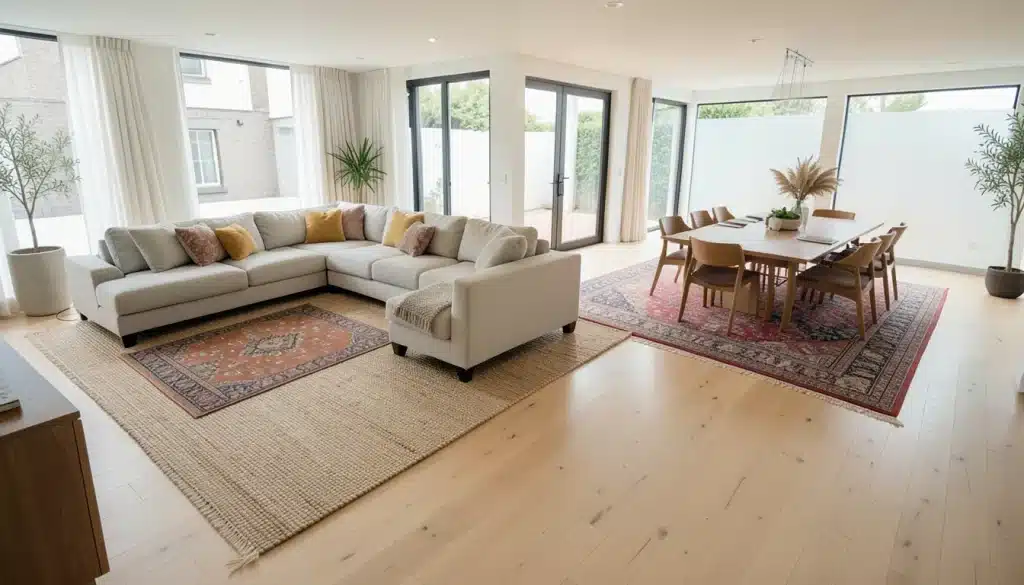 Open-concept living and dining space with layered rugs, featuring large natural fiber base rugs topped with patterned accent rugs under the sofa and dining table.