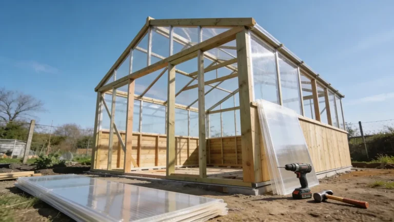 Partially built greenhouse with wooden frame and pressure-treated walls, tools placed nearby.