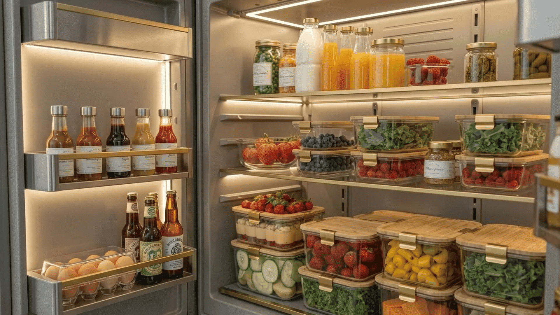 Perfectly organized modern refrigerator with clear storage containers, fresh fruits, vegetables, sauces, drinks, and labeled meal-prep bins neatly arranged on illuminated shelves.