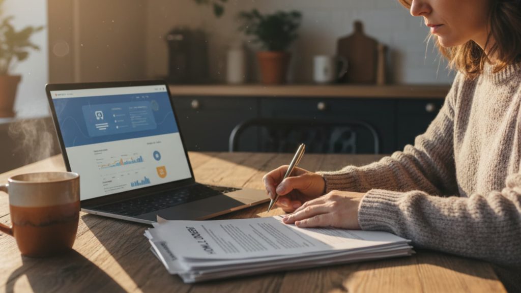 Person reviewing documents and writing notes at a table with a laptop displaying charts, representing budgeting and cost estimation for a home project.