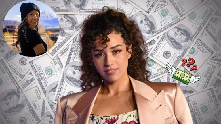 Pokimane posing in front of a background filled with dollar bills, with a small inset portrait and money-themed graphics suggesting her net worth or earnings.