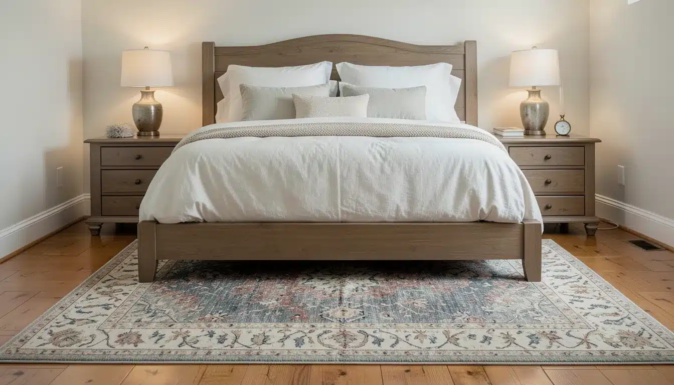Queen bed centered on a 6x9 area rug with nightstands and lamps on both sides, showing proper rug placement under the bed.