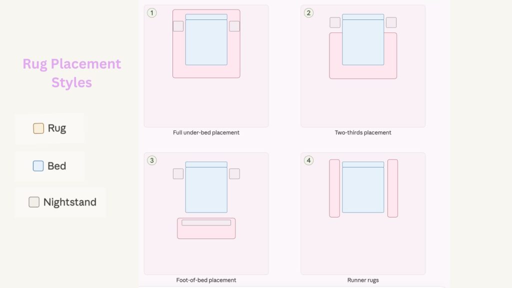 Rug placement styles for a bedroom showing four layouts- full under-bed placement, two-thirds placement, foot-of-bed placement, and side runner rugs, with bed and nightstands illustrated.
