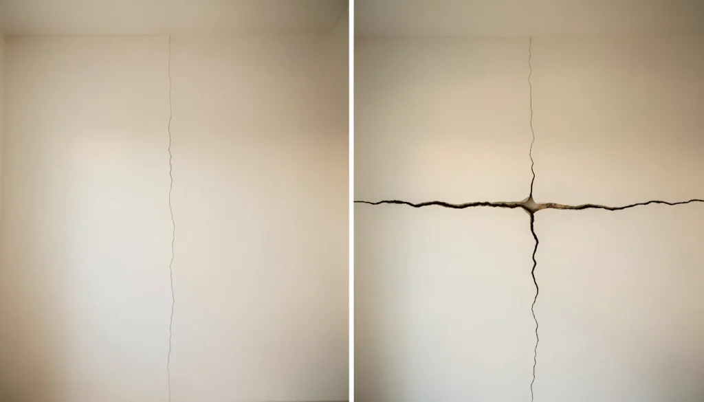 Side-by-side comparison of house settling cracks, showing a thin vertical hairline crack versus wider intersecting cracks that may indicate serious structural issues