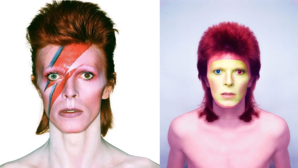 Side-by-side images of David Bowie in iconic personas, featuring bold makeup and striking eye colors from his Ziggy Stardust era.