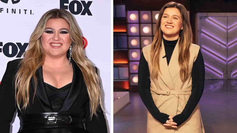 Side-by-side photos of Kelly Clarkson before and after weight loss, showing a slimmer appearance.