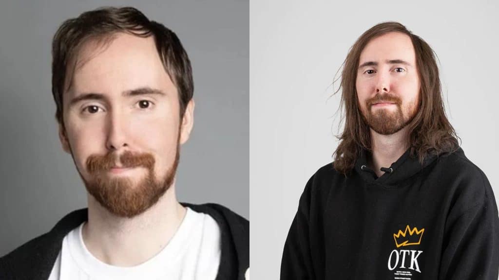 Side-by-side portraits of Asmongold, popular Twitch streamer, highlighting his career growth and public image tied to Asmongold net worth