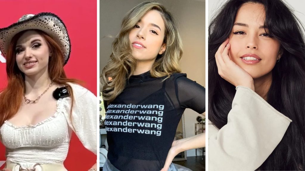 Side-by-side portraits of three popular female streamers- Amouranth in a white outfit and hat, Pokimane in a black Alexander Wang top, and Valkyrae posing with her hand resting on her face.