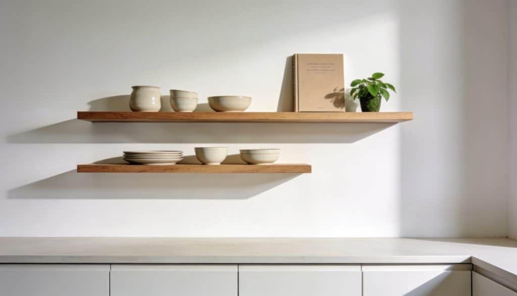Simple Open Shelving Styling in a Minimalist Kitchen