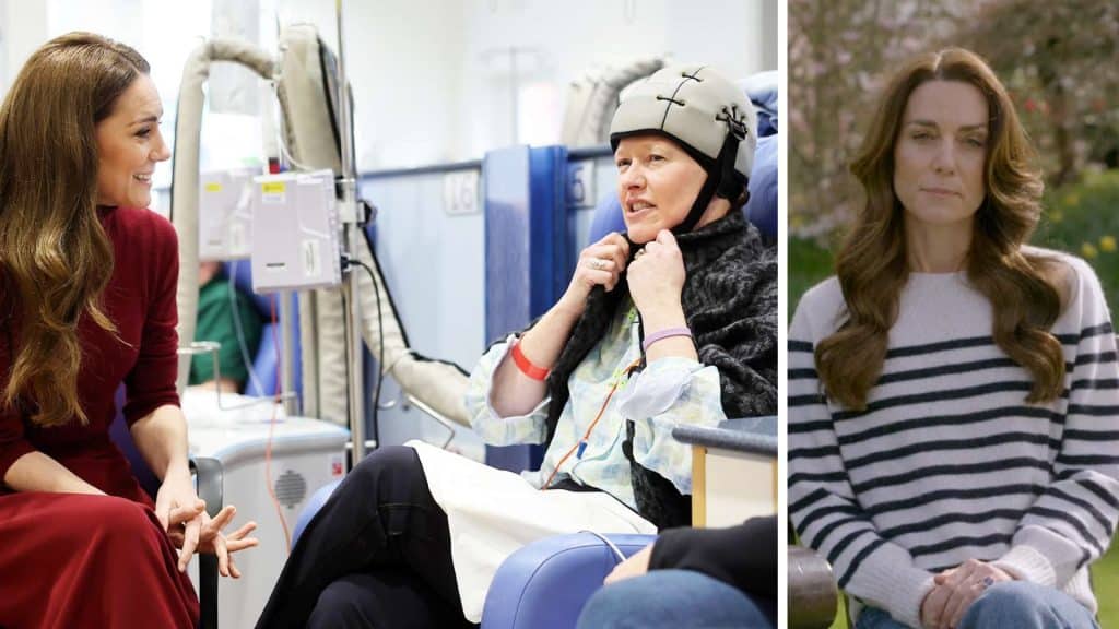 Split image of Kate Middleton visiting a chemotherapy patient in a hospital and sitting outdoors, reflecting her support and personal journey.