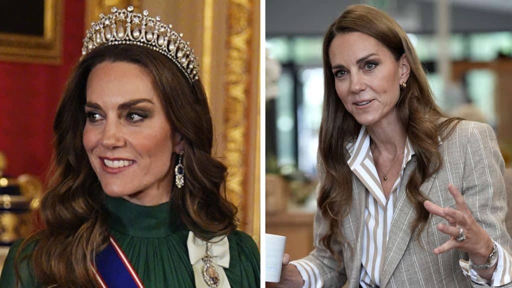 Split image of Kate Middleton wearing a tiara at a formal event and speaking casually in a blazer, showing public and everyday moments.