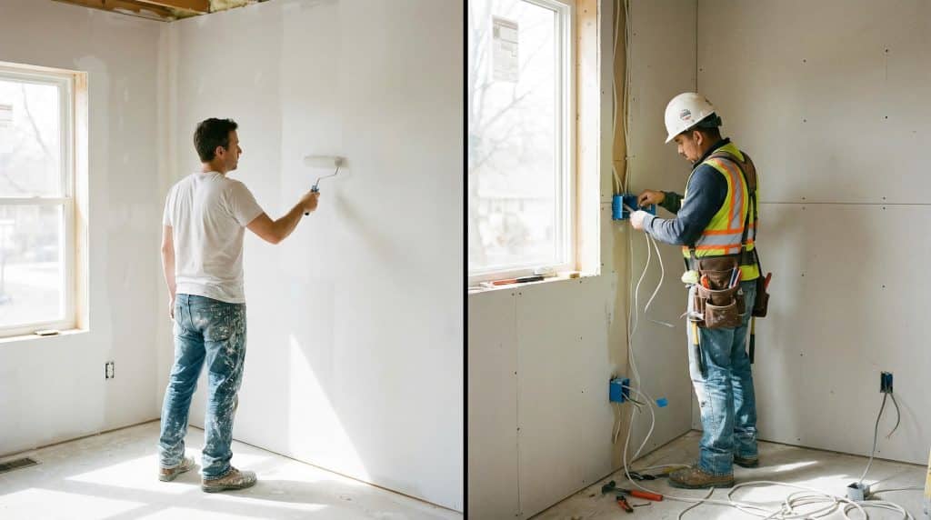 Split image showing a DIY homeowner painting interior walls on one side and a professional electrician installing wiring on the other side.