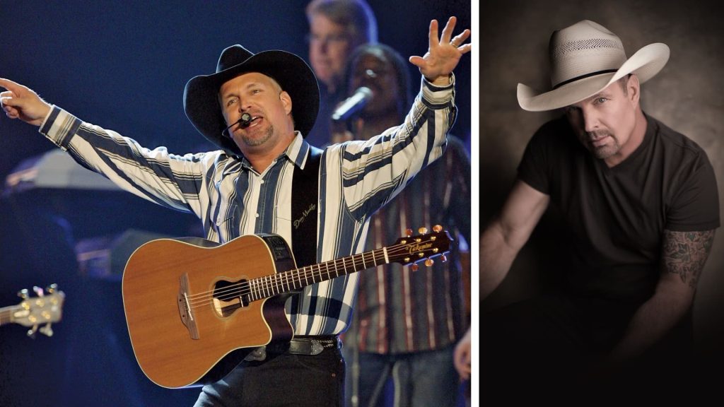 Split-screen image of Garth Brooks performing live on stage with a guitar on the left and a studio-style portrait wearing a cowboy hat on the right, highlighting his music career and persona.