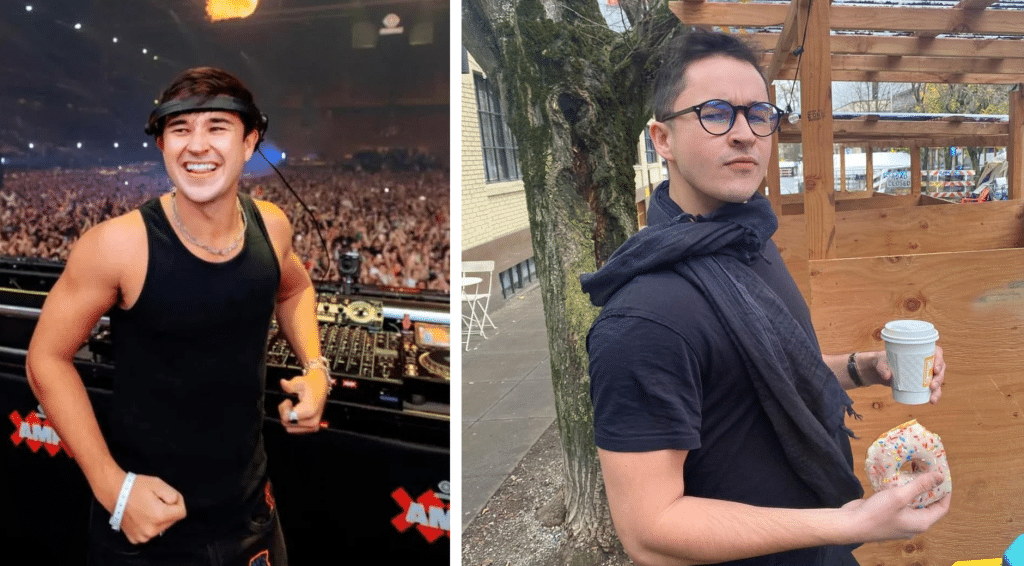 Split-screen image of John Summit performing as a DJ at a large crowd event on the left and casually holding a coffee and donut outdoors on the right, showing his professional and personal life.