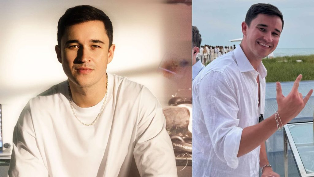 Split-screen image of John Summit, with a close-up portrait on the left and a relaxed outdoor moment by the beach on the right, highlighting his lifestyle and personal life.