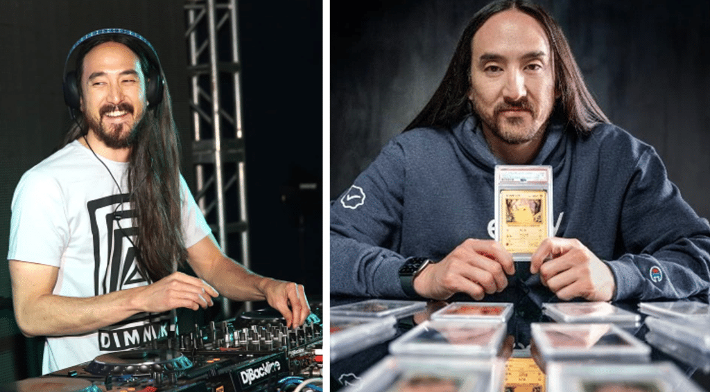 Split-screen image of Steve Aoki, with him DJing on stage on the left and holding a collectible trading card at a table on the right, representing his music career and business ventures.