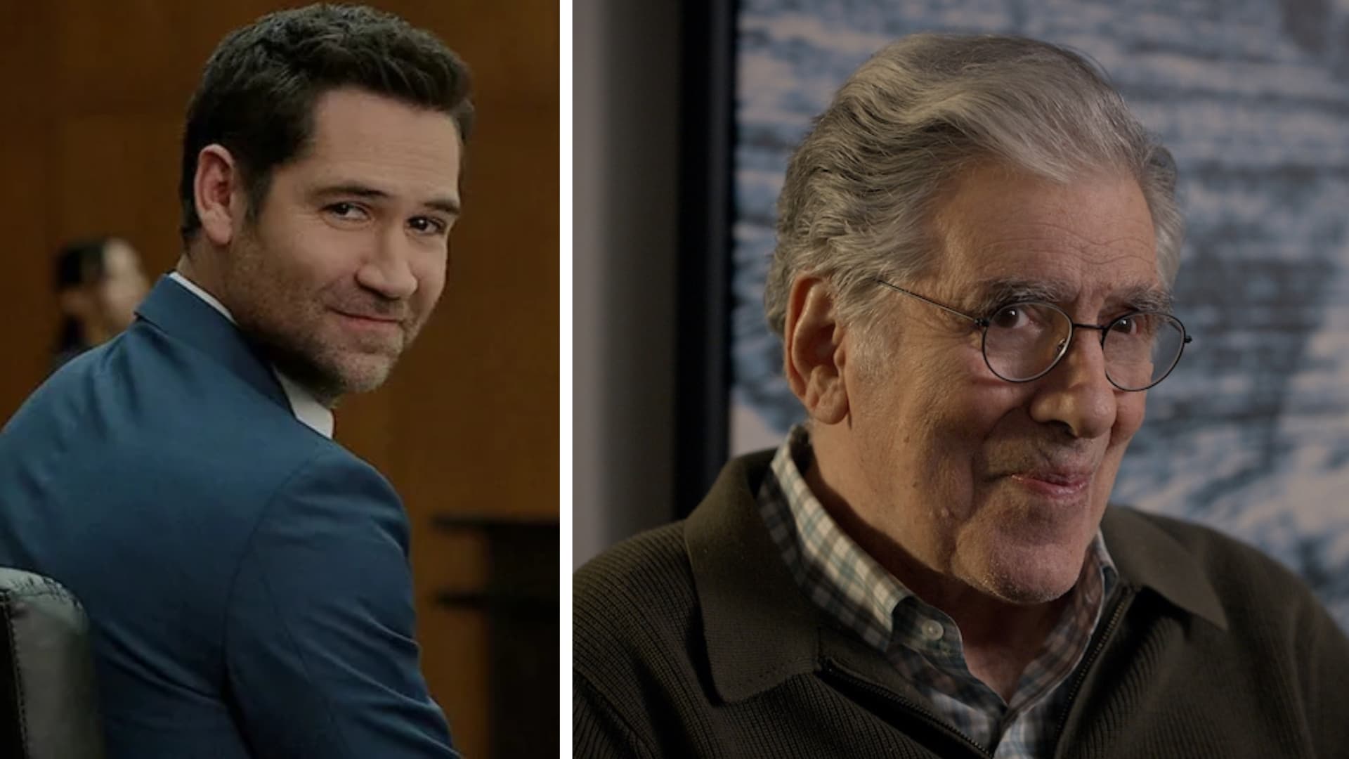 Split-screen image showing a man in a blue suit looking back with a slight smile, alongside an older man with gray hair and glasses smiling in a close-up portrait.