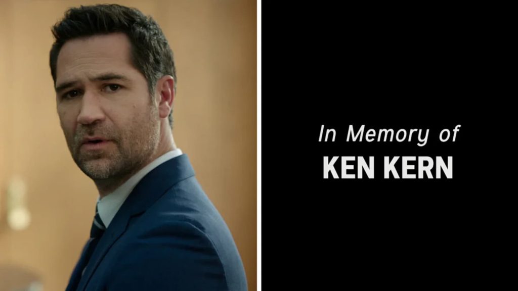 Split-screen image showing a man in a suit looking back over his shoulder, alongside a black panel reading “In Memory of Ken Kern.”