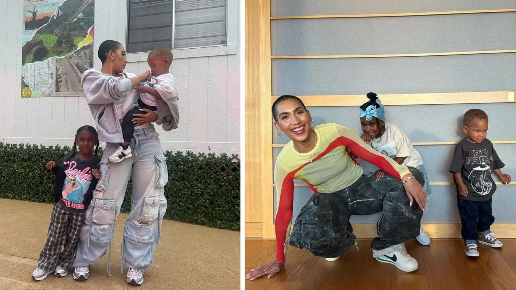 Split-screen of Whitney Alford with her children Uzi and Enoch, showing family moments.