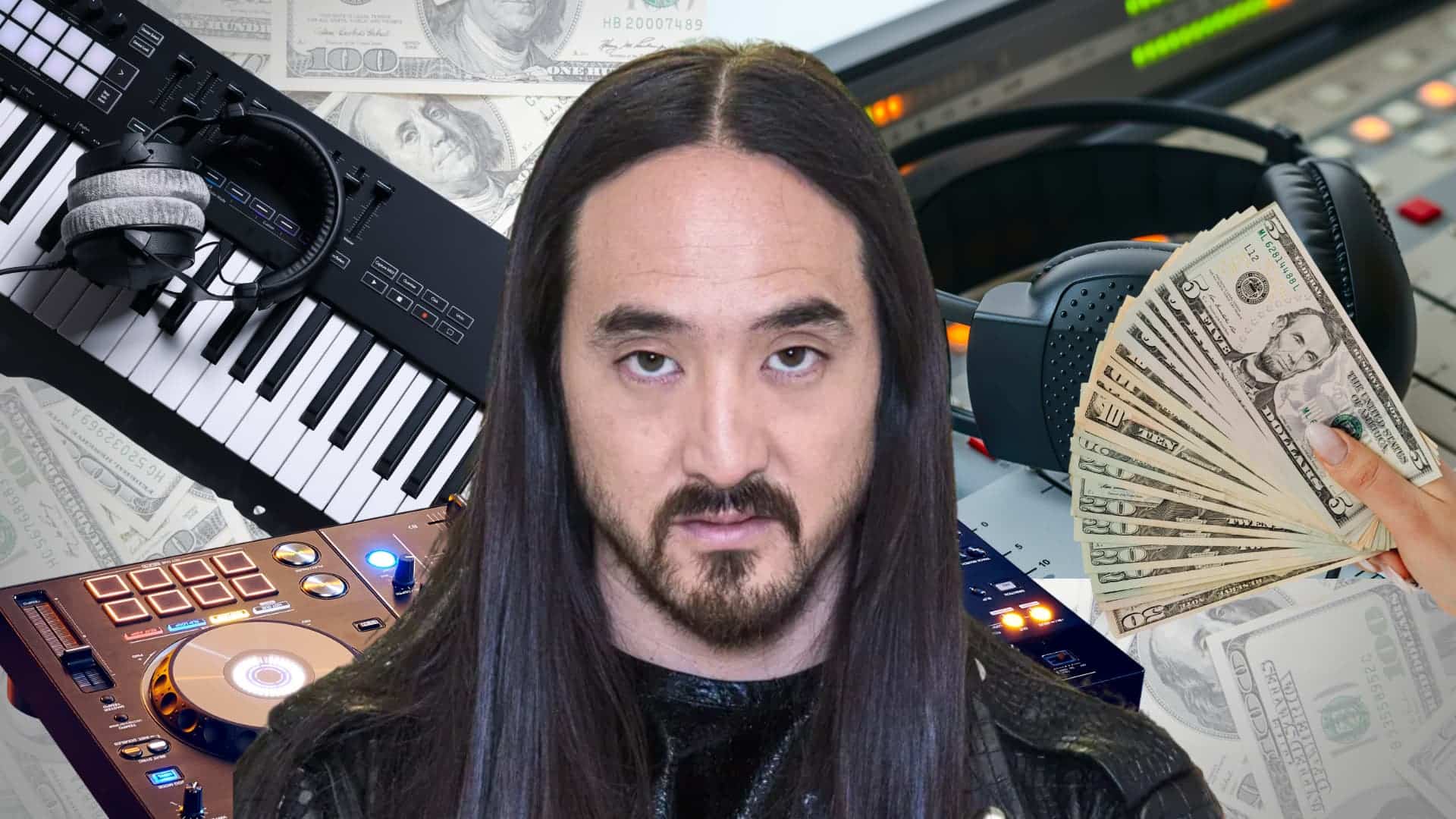 Steve Aoki in front of a money-themed background with DJ equipment, headphones, and cash highlighting his music career earnings.