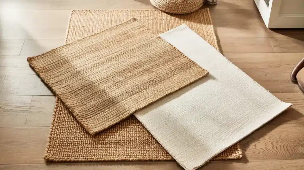 Three-layered rugs on a wooden floor, including a large natural fiber base rug with two smaller textured rugs in neutral tones placed on top.