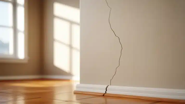Vertical crack running along an interior wall near the baseboard, a common sign of house settling
