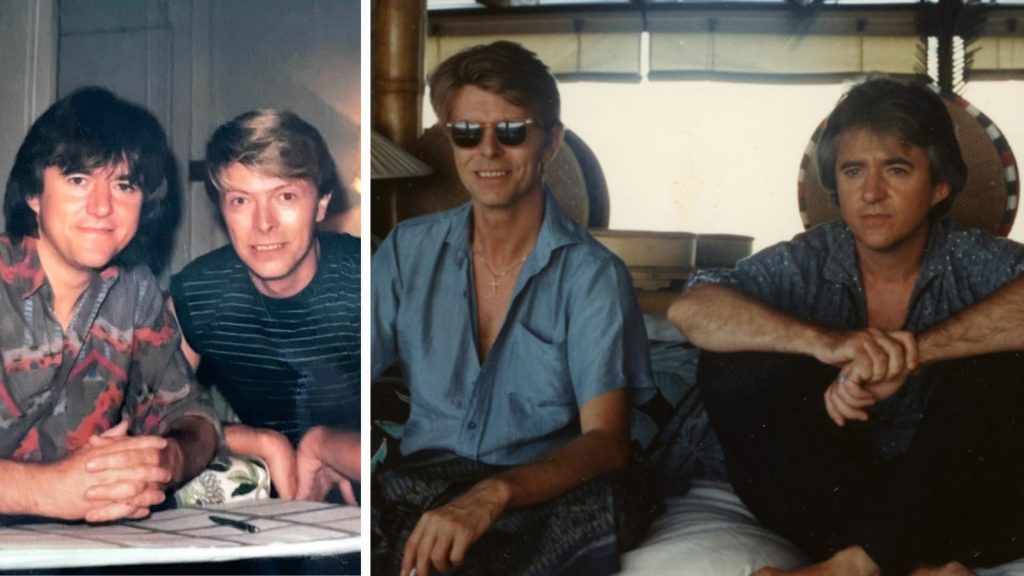 Vintage photos of David Bowie with George Underwood, including a casual portrait and a relaxed indoor scene showing him seated with George.