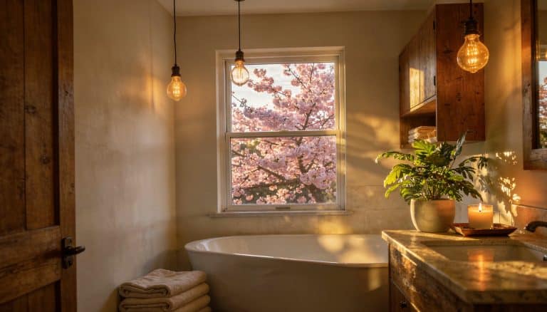 Warm bathroom renovation with freestanding tub, rustic wood vanity, soft lighting, and cozy spa-inspired decor.