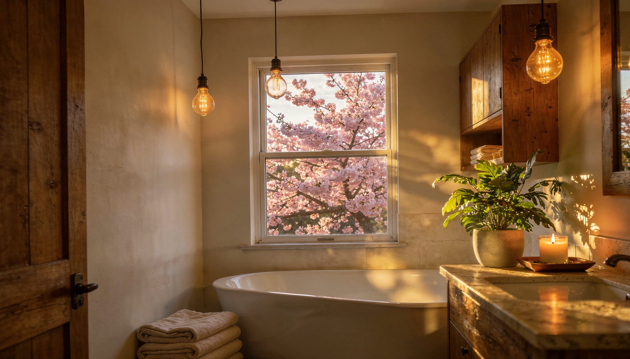 Warm bathroom renovation with freestanding tub, rustic wood vanity, soft lighting, and cozy spa-inspired decor.