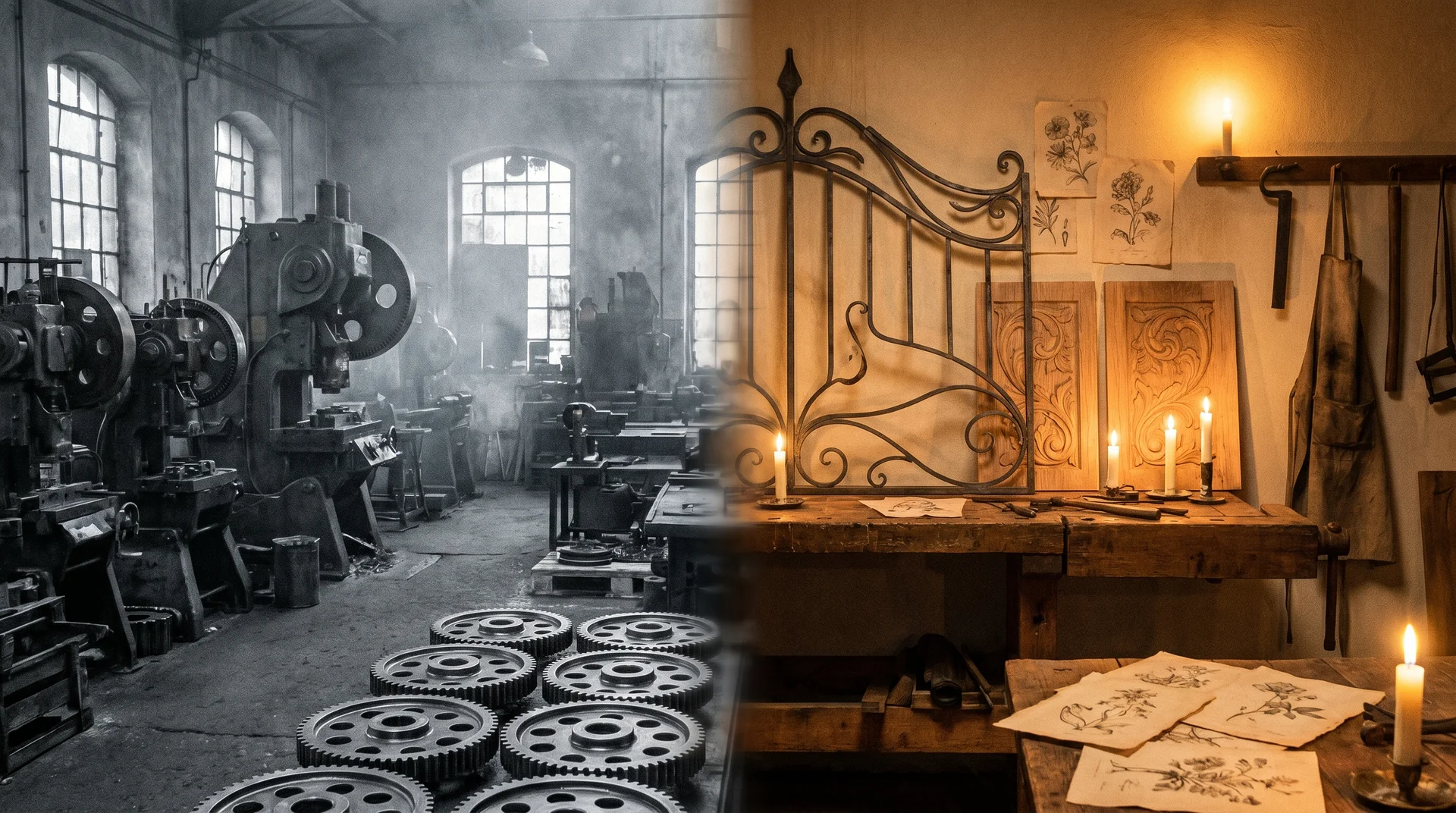 Split image comparing a monochrome mass-production factory floor with a warm, candlelit artisan workshop.