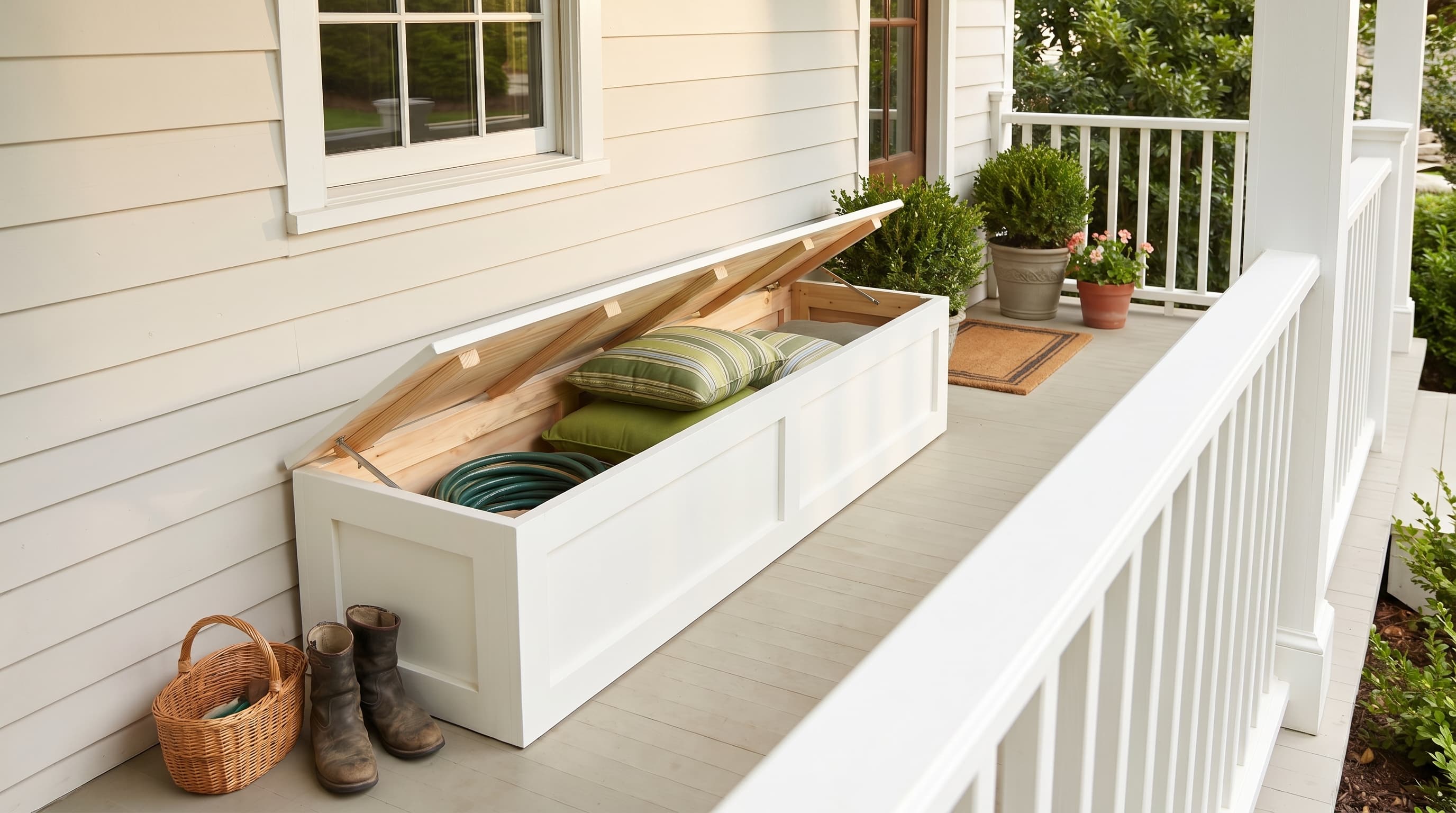 Front porch storage ideas with a built-in wooden bench, a storage lift lid, and a cushioned seat beside the front door.