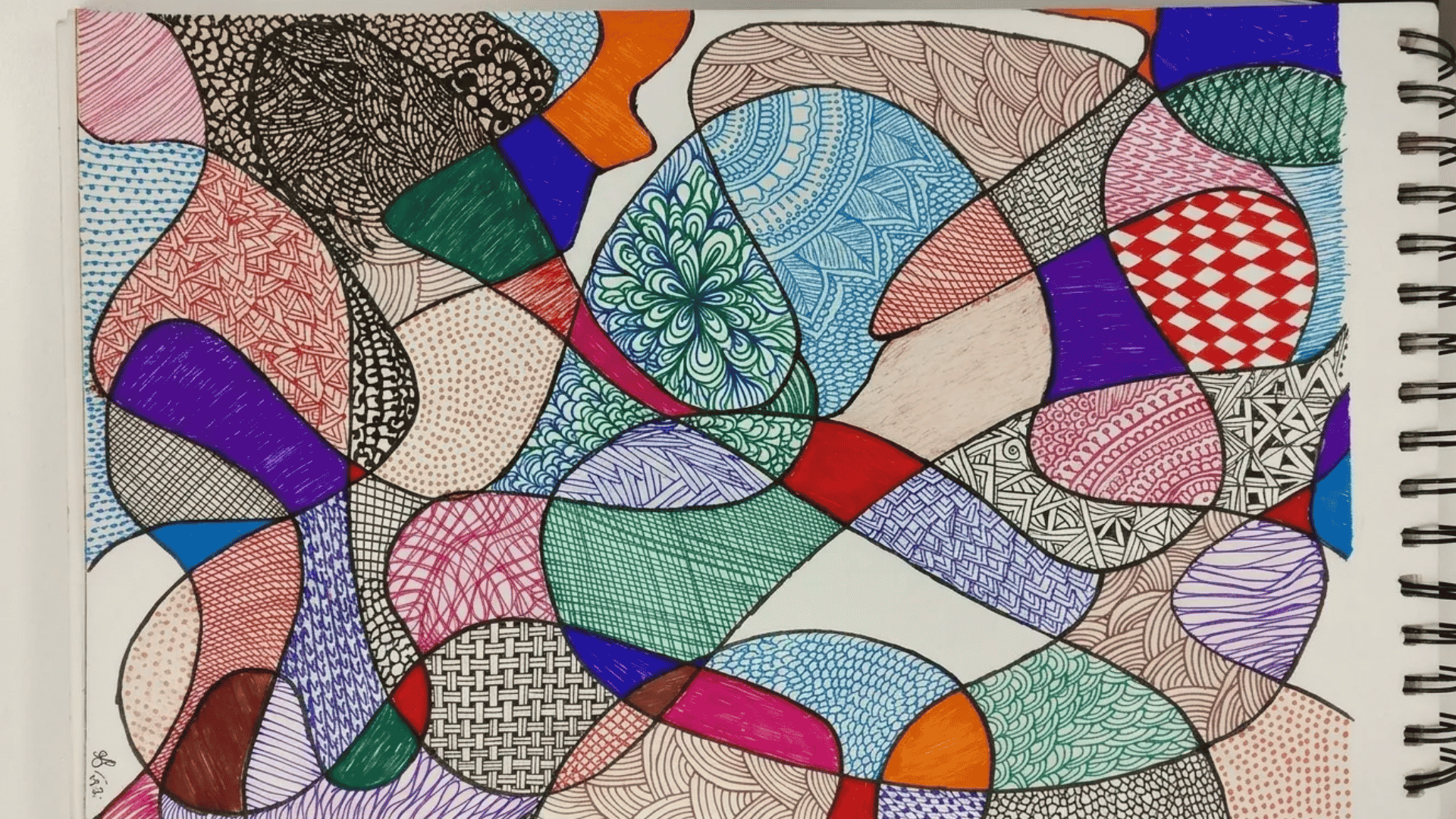 A colorful abstract sketchbook drawing filled with flowing shapes, detailed doodle patterns, crosshatching, waves, and geometric textures.