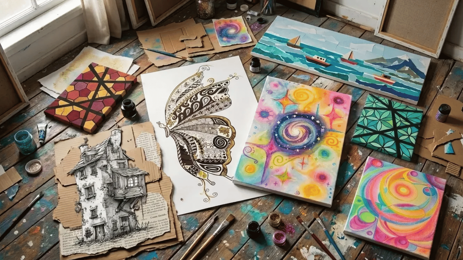 A creative art studio floor filled with colorful canvas paintings, abstract designs, butterfly sketches, collage art, and scattered painting supplies.
