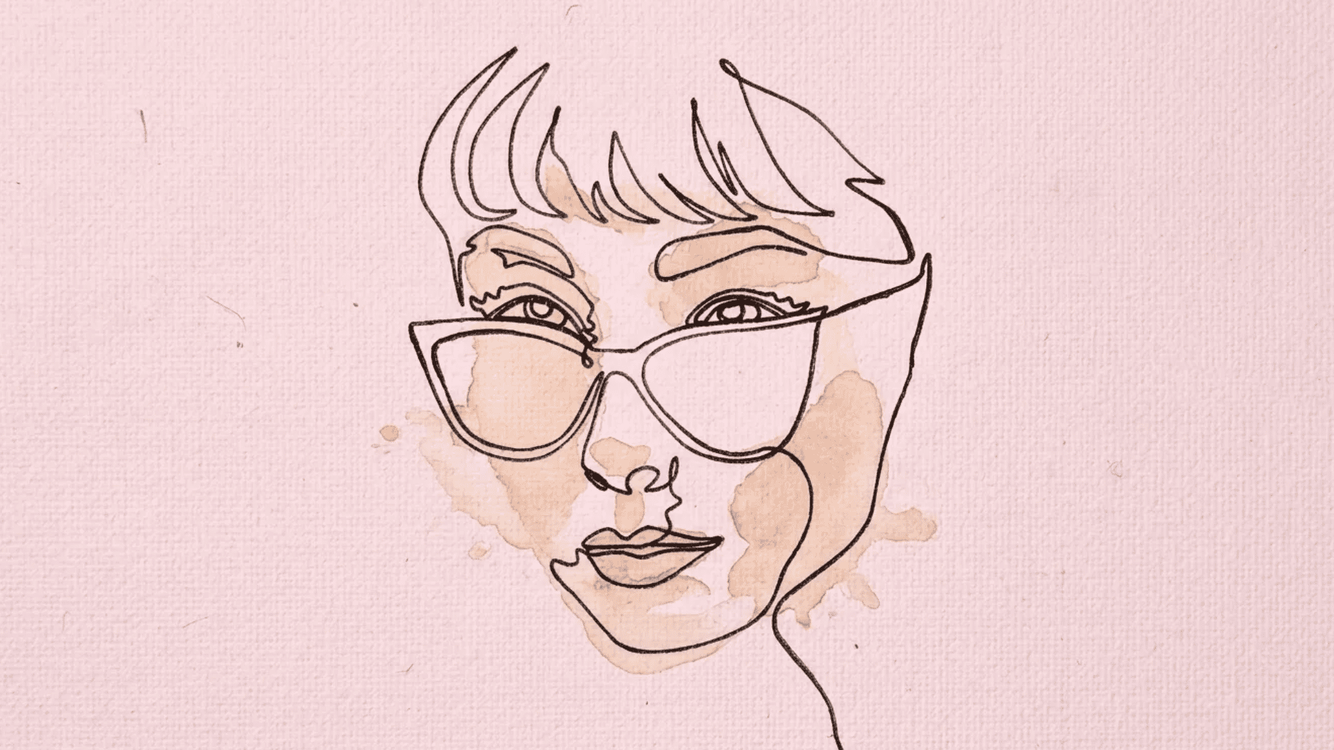 A minimalist one-line face drawing with stylish sunglasses and soft watercolor splashes on a pale pink background.