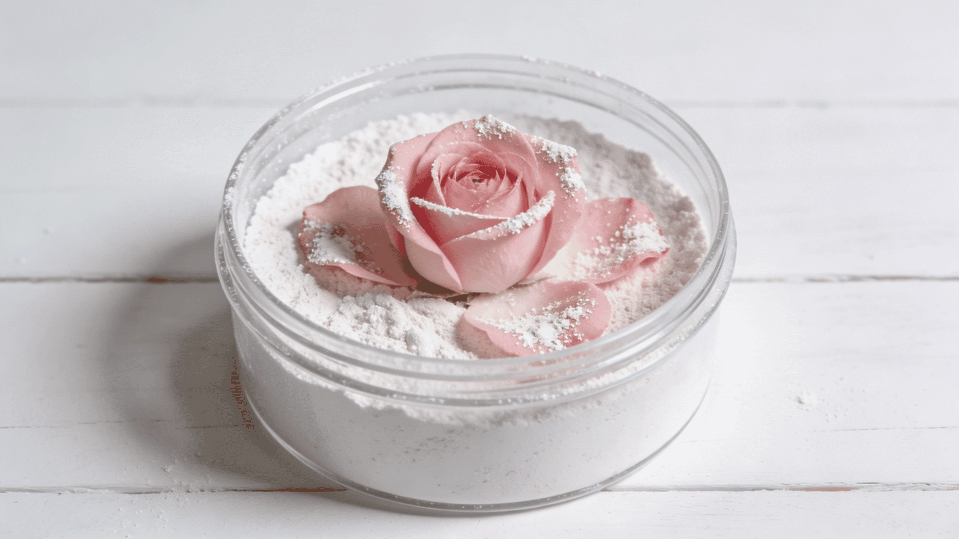 A pink rose sits atop white powder inside a clear circular container on a white wooden surface.